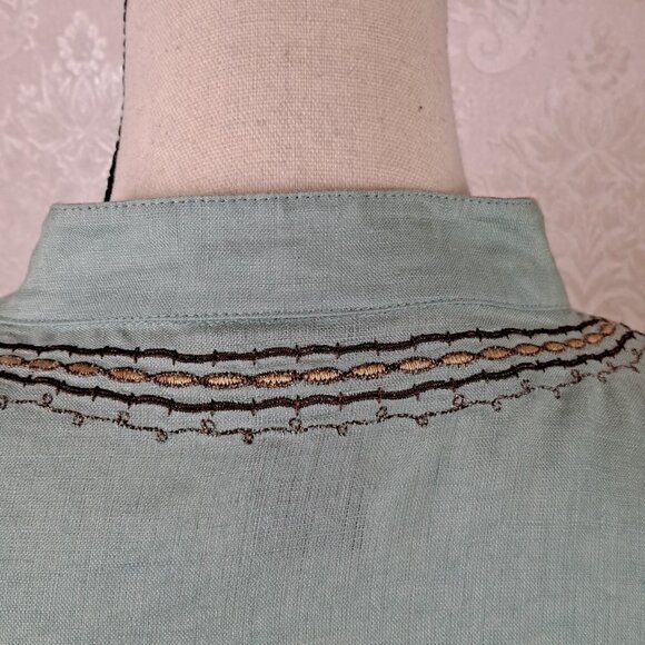 Rafaella Size 8 Light Green Tunic Embroidered Stone Accents 100% Linen Long Slv - Picture 10 of 13